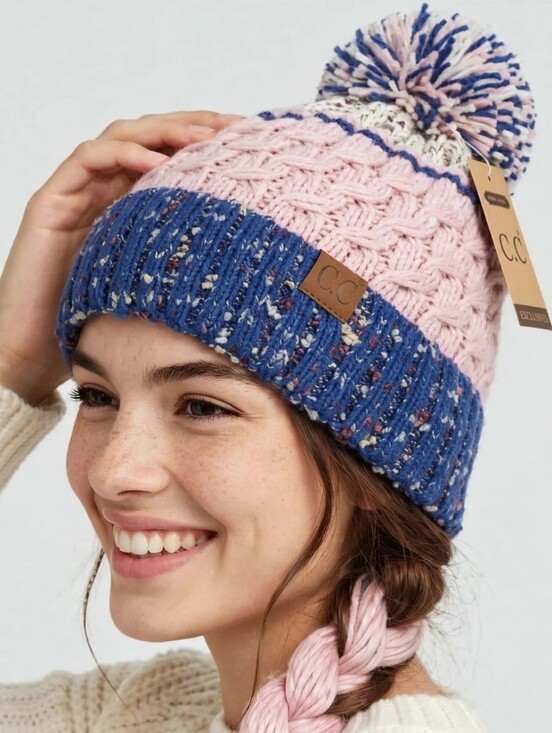 Accessories - Womens Beanie Hat Pink Cable Knit Hat Winter Lined Pom Soft 100% Acrylic